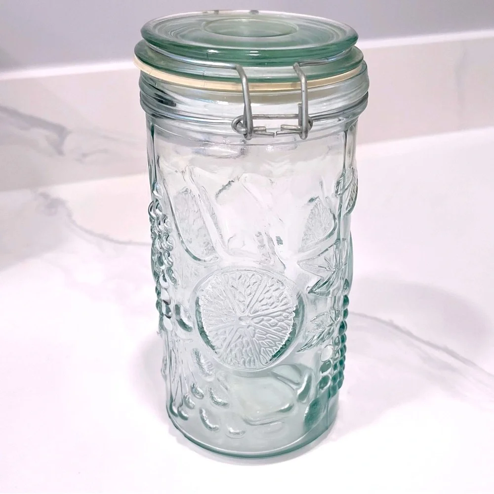 Vintage Embossed Fuit Pattern Glass Canister Set with Wire Bale Hinges, Set of 2